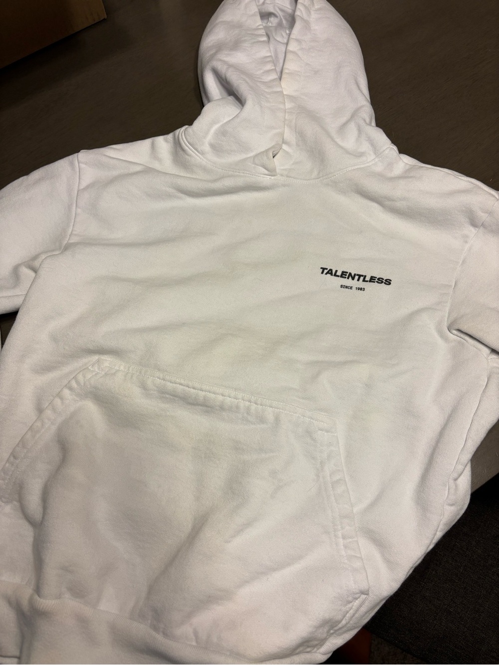 TALENTLESS White Pullover Hoodie with Subtle Black Print